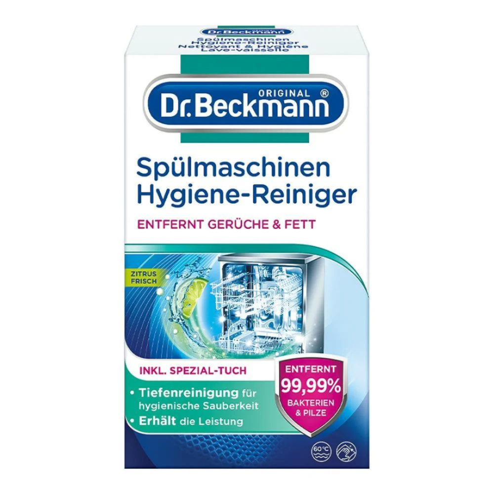 Płyn do czyszczenia zmywarki "Dishwasher cleaner Dr. Beckmann". Środki czystości. Środek do czyszczenia zmywarek dr. beckmann 75 g usuwa tłuszcz i kamień, zapewniając świeżość i wydajność zmywarki.