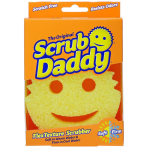 Gąbka „Scrub Daddy Yellow“. Gąbki. Żółta gąbka scrub daddy z uśmiechniętą buzią, przeznaczona do wszechstronnego czyszczenia, twarda w zimnej wodzie, miękka w ciepłej wodzie.