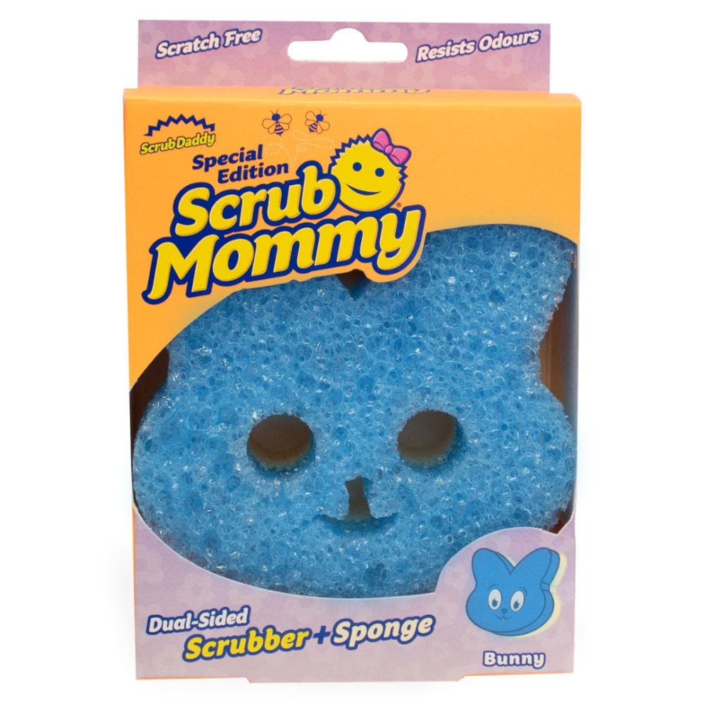 Gąbka „Scrub Mommy Bunny“. Gąbki. Różowa gąbka scrub mommy w kształcie króliczka, dwustronna z miękką pianką i twardym środkiem szorującym do wszechstronnego, delikatnego i skutecznego czyszczenia.