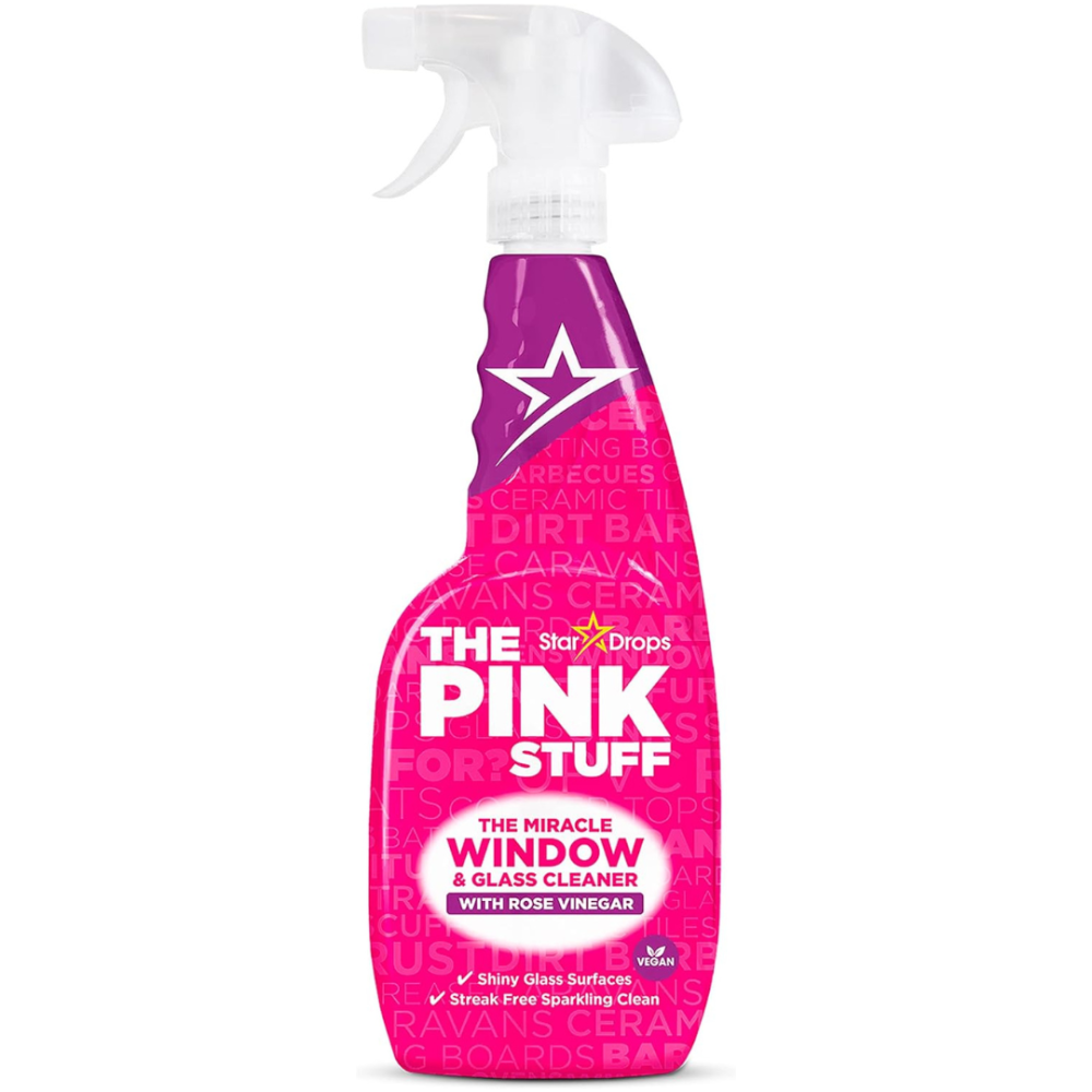 Płyn do szyb "Window spray". Środki czystości. Środek do czyszczenia okien z octu różanego: the pink stuff, zapewniający połysk bez smug.