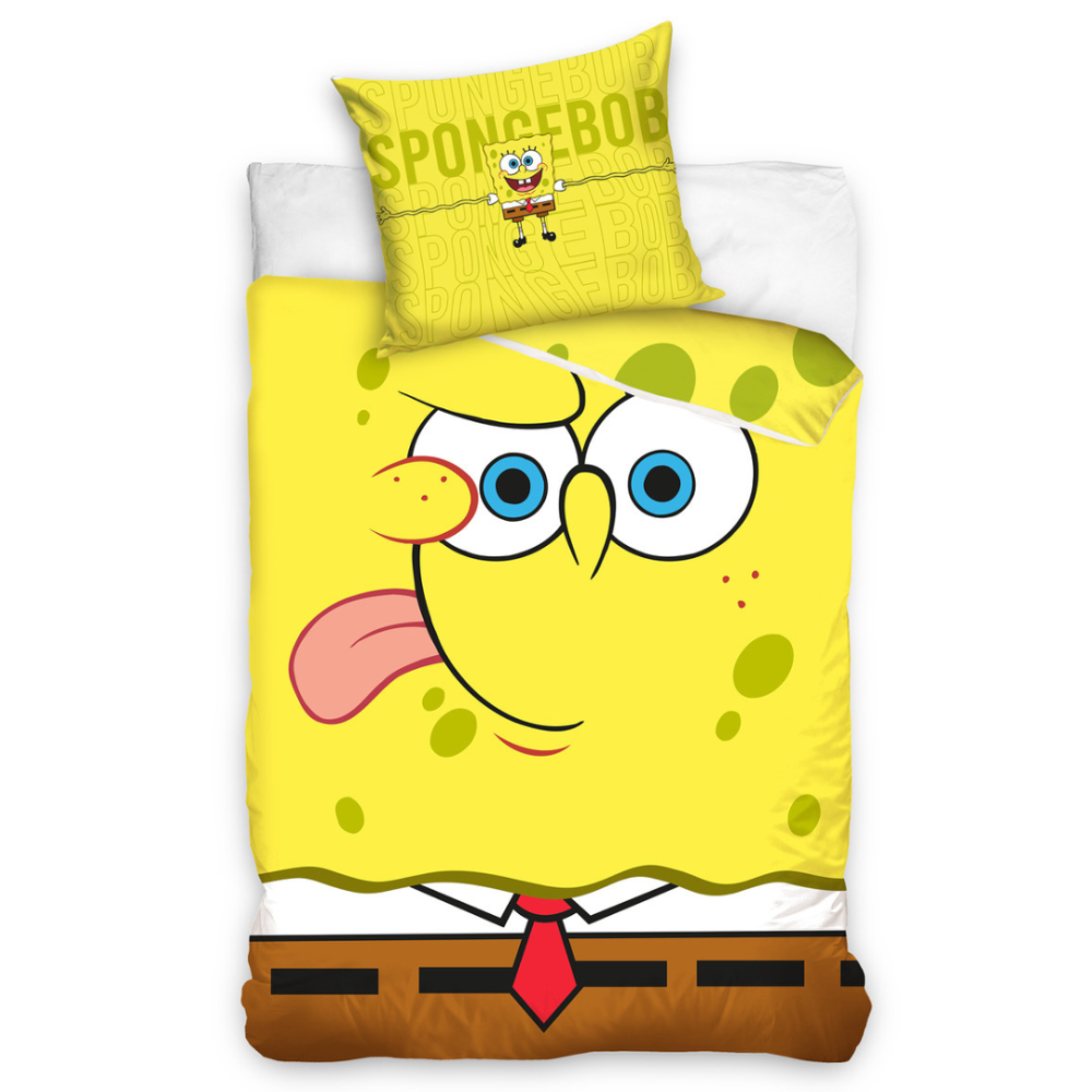 Pościeli dziecięcej "Happy Sponge". Pościel Dla Dzieci, 140x200 cm. Żółta pościel dziecięca z dużą postacią spongebob squarepants.