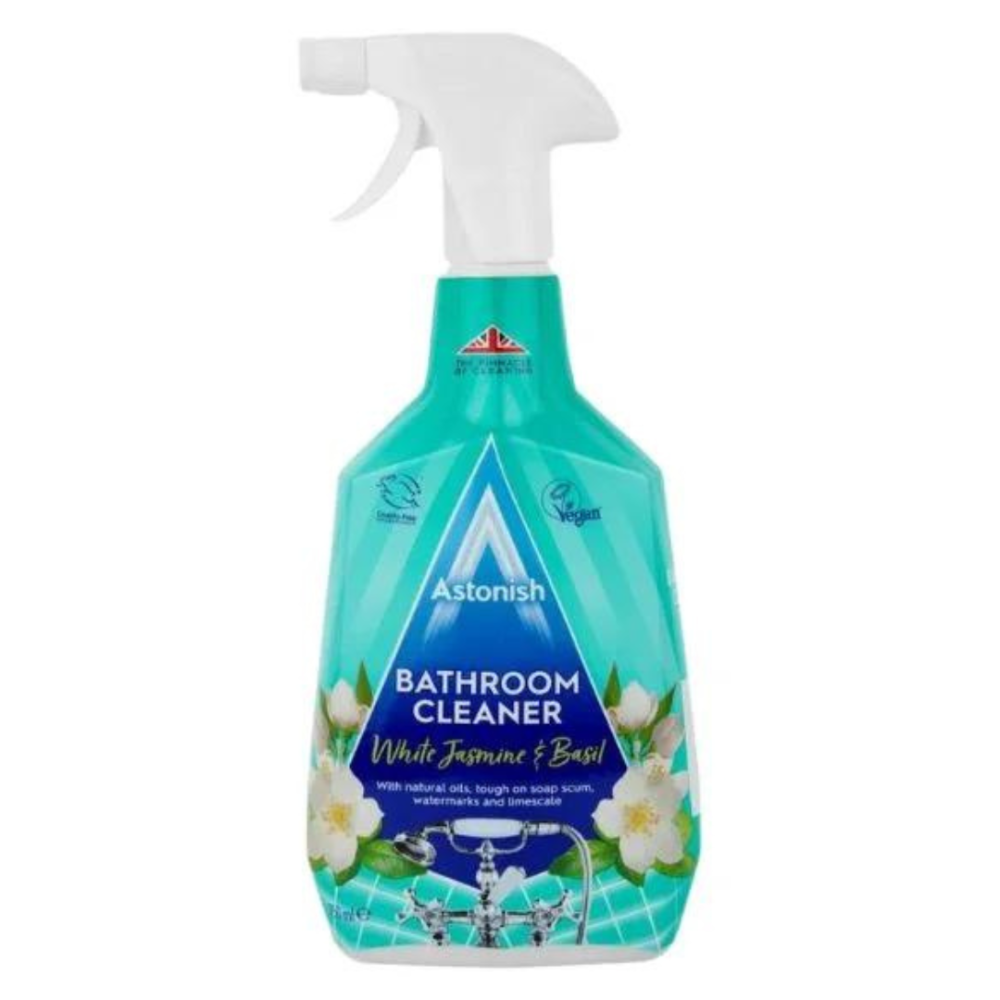 Środek do czyszczenia łazienki "Bathroom cleaner jasmine". Środki czystości. Środek do czyszczenia łazienki o odświeżającym zapachu białego jaśminu i bazylii, przeznaczony do usuwania osadu z mydła i pozostawiania łazienki lśniąco czystej.